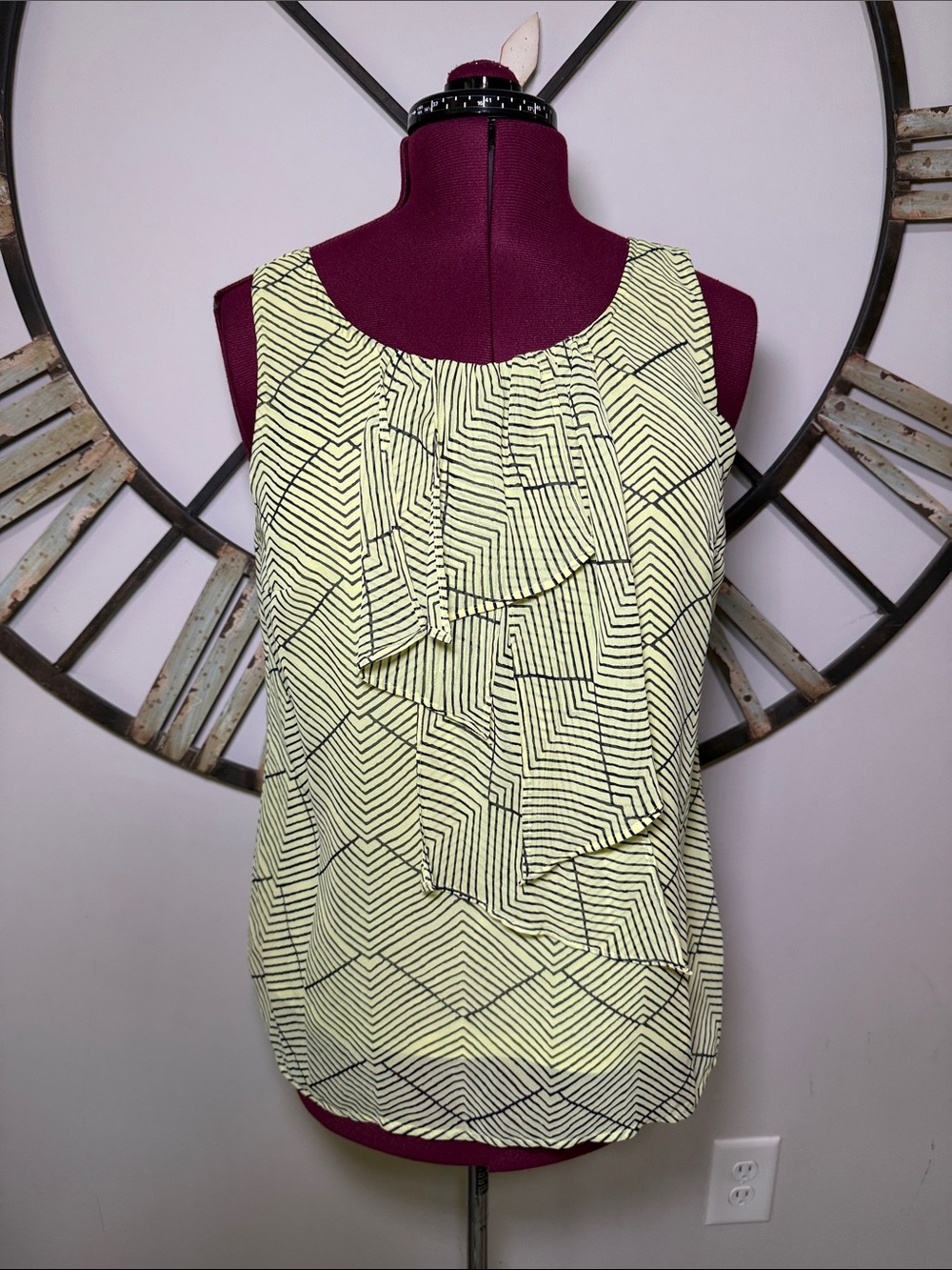 Ann Taylor Loft Sleeveless Geometric Ruffle Front Top - Yellow/Black